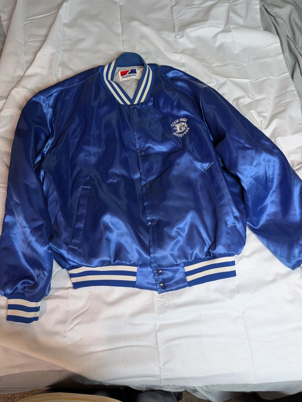 Vintage Blue Satin Dixie High Bomber Jacket with Striped Trim Made In Usa